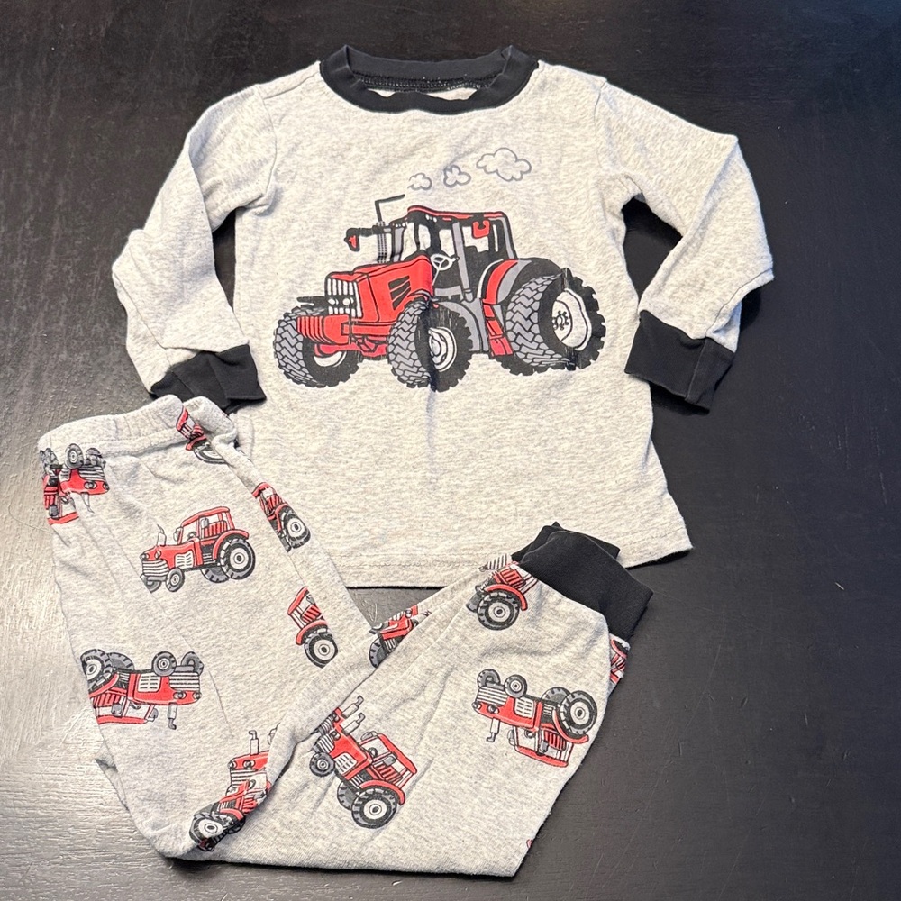 Kids Tractor Pajama Set in Gray and Red